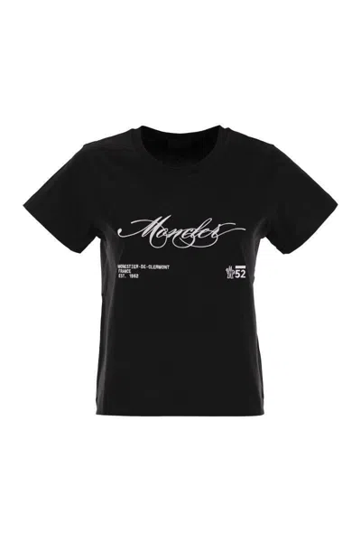 Moncler Women Cotton T-shirt With Embroidered Cursive Logo In Black