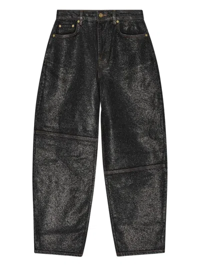 Ganni Wide Leg Trousers Metallic Finish Pockets In Black