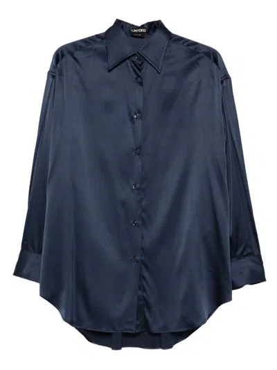 Tom Ford Relaxed Fit Stretch Silk Satin Blouse In Blue