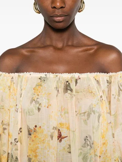 Zimmermann Cascadian Off-the-shoulder Lace-trimmed Printed Cotton-voile Mini Dress In Yellow