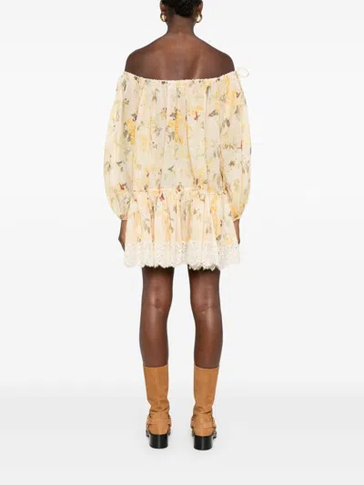 Zimmermann Cascadian Off-the-shoulder Lace-trimmed Printed Cotton-voile Mini Dress In Yellow