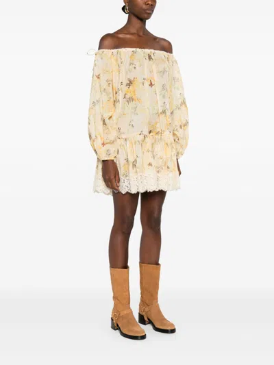 Zimmermann Cascadian Off-the-shoulder Lace-trimmed Printed Cotton-voile Mini Dress In Yellow