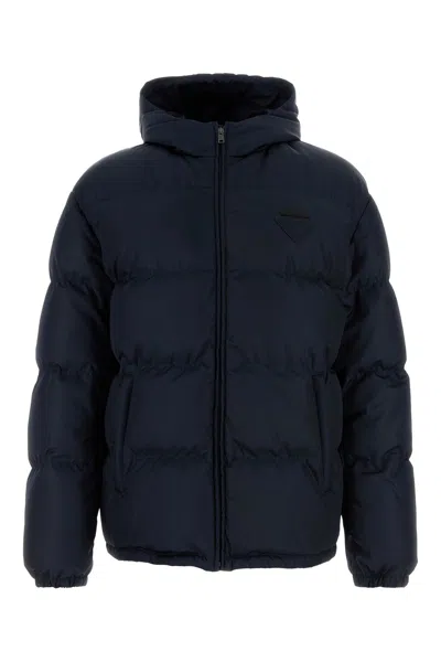 Prada Hooded Quilted Down Jacket With Side Pockets In Blue