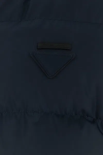 Prada Hooded Quilted Down Jacket With Side Pockets In Blue