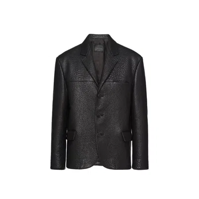 Prada Single-breasted Leather Jacket Men In Black
