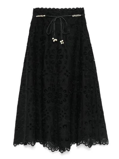 Zimmermann Zim Rhiannon Embroidered Scallop Hem Wblt Midi Skirt Black