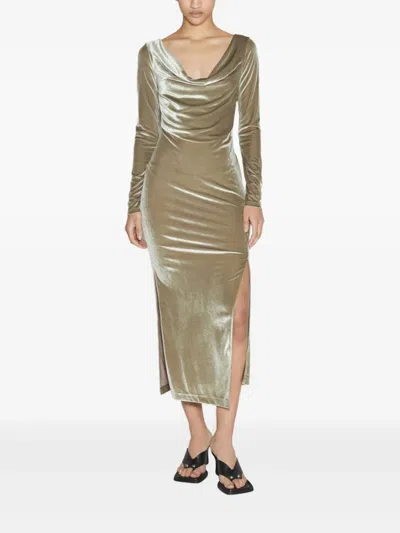 Helmut Lang Asymmetric Draped Stretch-velvet Midi Dress In Green