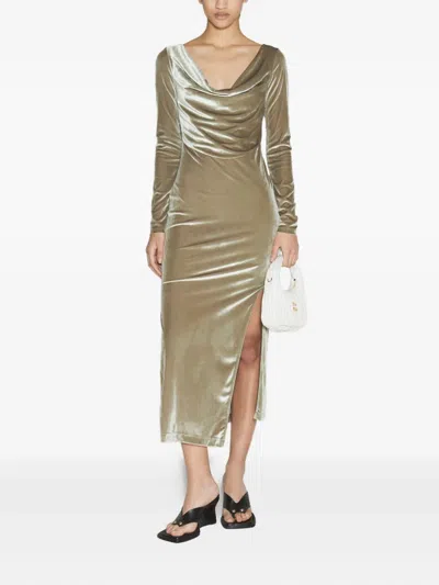 Helmut Lang Asymmetric Draped Stretch-velvet Midi Dress In Green