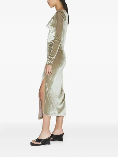 Helmut Lang Asymmetric Draped Stretch-velvet Midi Dress In Green