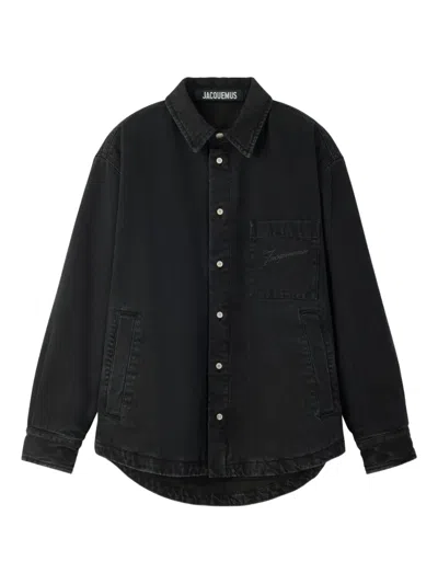 Jacquemus Virgin Wool Long-sleeve Shirt With Embroidered Logo In Black