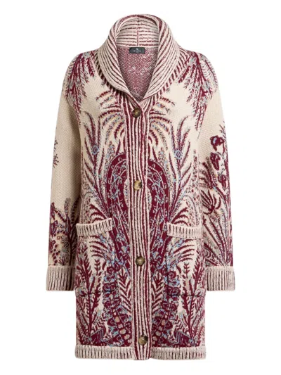 Etro , Wool And Cotton Jacquard Maxi Cardigan, Woman, Burgundy, Size 48 In Multi