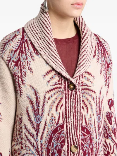 Etro , Wool And Cotton Jacquard Maxi Cardigan, Woman, Burgundy, Size 48 In Multi