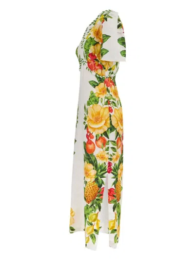 Farm Rio Off-white Picnic Flowers Euroflax Premium Linen Maxi Dress