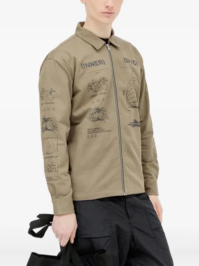 Space Available Inner Space Plant Print Zip-front Shirt Jacket In Brown