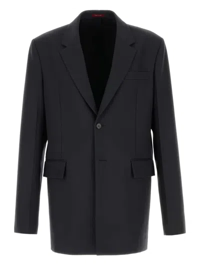 Gucci Men Dark Grey Jacket With Chest Pocket And Embossed Logo In Wool Gabardine Man In Blue
