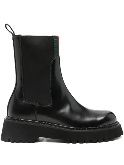 Gucci Thea Webbing-trimmed Glossed-leather Chelsea Boots In Black