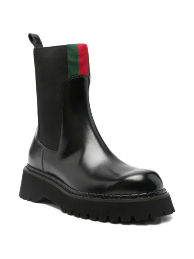 Gucci Thea Webbing-trimmed Glossed-leather Chelsea Boots In Black