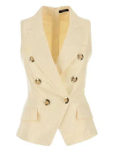 Balmain Jacquard Vest With Flap Pockets And Gold-tone Buttons In Yellow