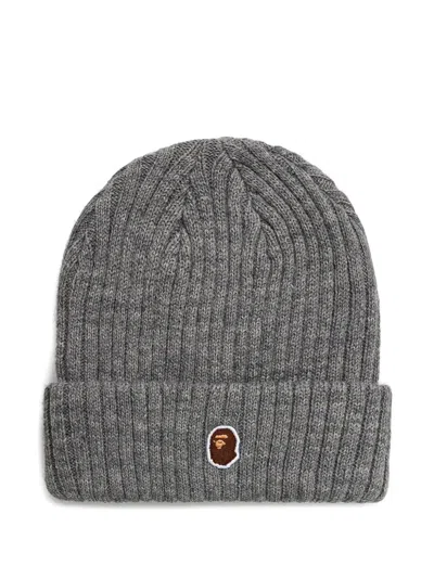 A Bathing Ape Ribbed-knit Logo Beanie In Gray