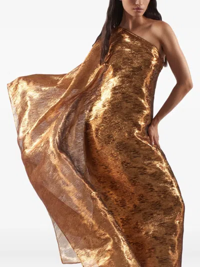 Taller Marmo Betsy Metallic One-shoulder Dress In Brown