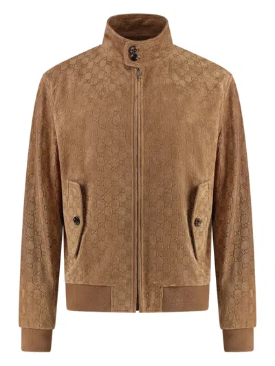 Gucci Gg-jacquard Suede Jacket In Brown
