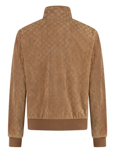 Gucci Gg-jacquard Suede Jacket In Brown