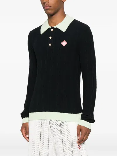 Casablanca Men Black Polo Shirt With Classic Collar And Logo Patch On The Front In Cotton Blend Man In Black