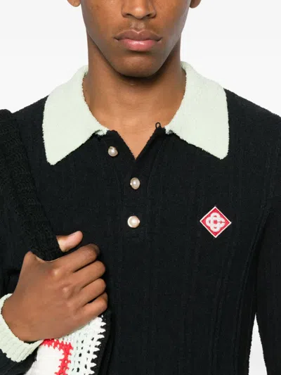 Casablanca Men Black Polo Shirt With Classic Collar And Logo Patch On The Front In Cotton Blend Man In Black
