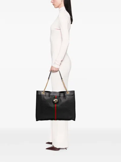 Pre-owned Gucci 2016-2025 Large Web Leather Rajah Tote Bag In Black