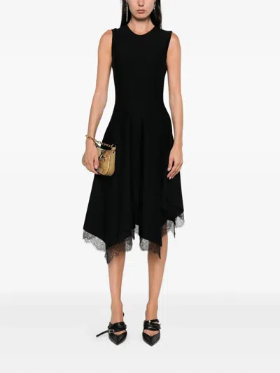 Alexander Mcqueen Asymmetric Lace Hem Sleeveless Midi Dress In Black