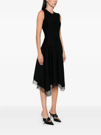 Alexander Mcqueen Asymmetric Lace Hem Sleeveless Midi Dress In Black