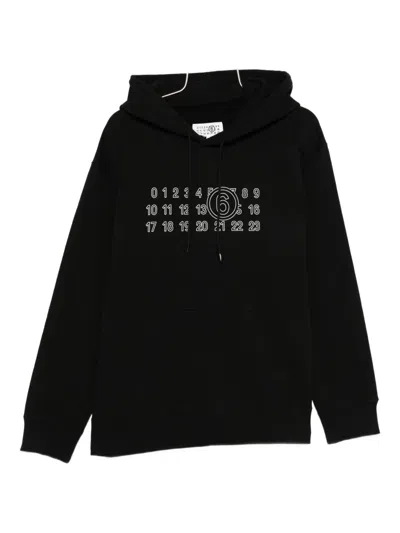 Mm6 Maison Margiela Numeric Print Black Hoodie With Front Kangaroo Pocket In Black