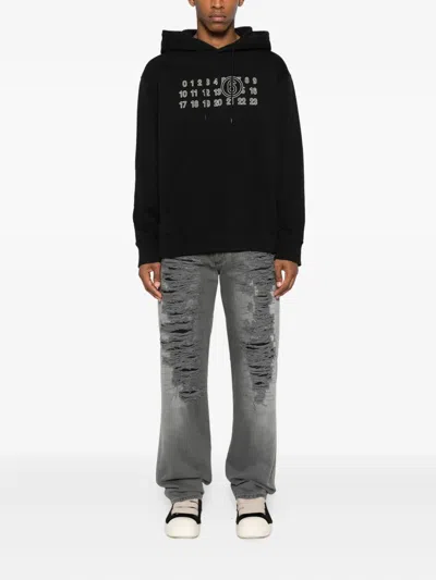 Mm6 Maison Margiela Numeric Print Black Hoodie With Front Kangaroo Pocket In Black