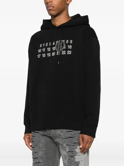 Mm6 Maison Margiela Numeric Print Black Hoodie With Front Kangaroo Pocket In Black