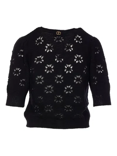 Twinset Open-knit V-neck Cardigan In Black