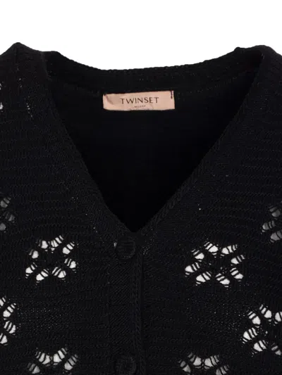 Twinset Open-knit V-neck Cardigan In Black