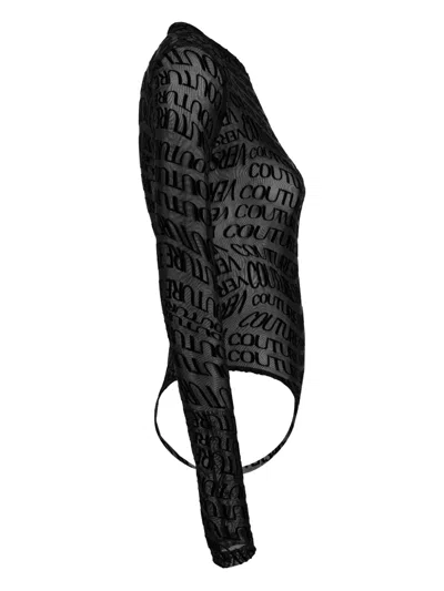 Versace Jeans Couture Logo-print Mesh Bodysuit In Black