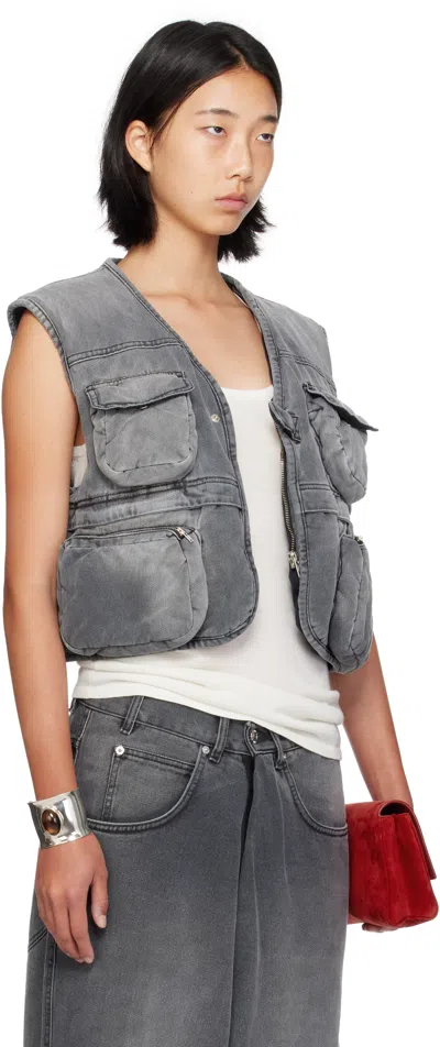 Lu'u Dan Gray Wadded Denim Cargo Vest In Gray