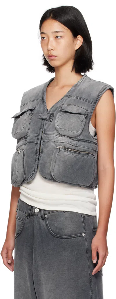 Lu'u Dan Gray Wadded Denim Cargo Vest In Gray