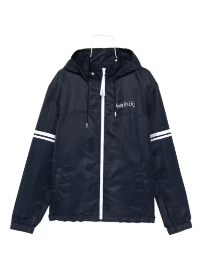 Alexander Mcqueen Hooded Stripe-detail Jacket In Blue