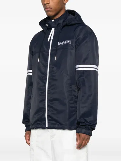 Alexander Mcqueen Hooded Stripe-detail Jacket In Blue