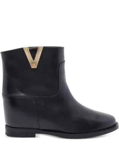 Via Roma 15 Calfskin Ankle Boot With Decorative Gold-tone Plaque In Black