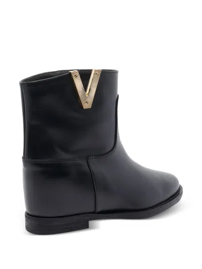 Via Roma 15 Calfskin Ankle Boot With Decorative Gold-tone Plaque In Black