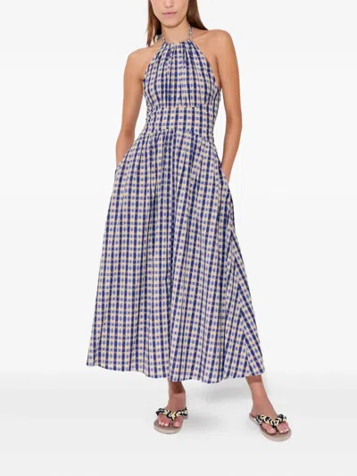 Rosie Assoulin Halter In The Name Of Love Gathered Checked Seersucker Midi Dress In Blue