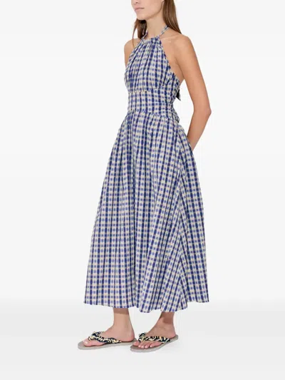 Rosie Assoulin Halter In The Name Of Love Gathered Checked Seersucker Midi Dress In Blue
