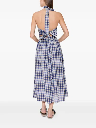 Rosie Assoulin Halter In The Name Of Love Gathered Checked Seersucker Midi Dress In Blue