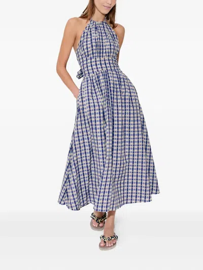 Rosie Assoulin Halter In The Name Of Love Gathered Checked Seersucker Midi Dress In Blue