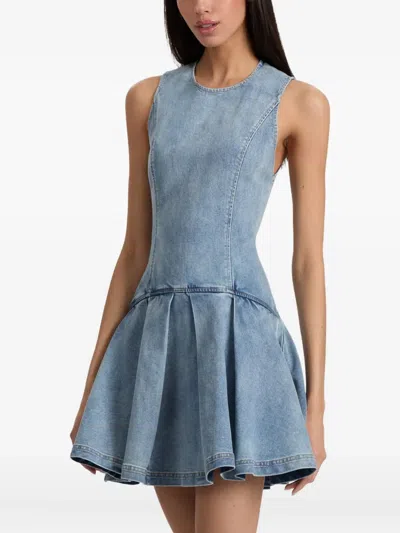 Alice And Olivia Adley Sleeveless Pleated Denim Mini Dress In Blue