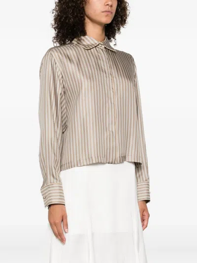 Max Mara Long Sleeves Silk Shirt With Vertical Stripes In Neutral