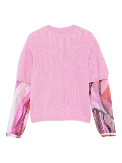 Pucci Junior Ribbed-knit Patterned-sleeve Top In Pink